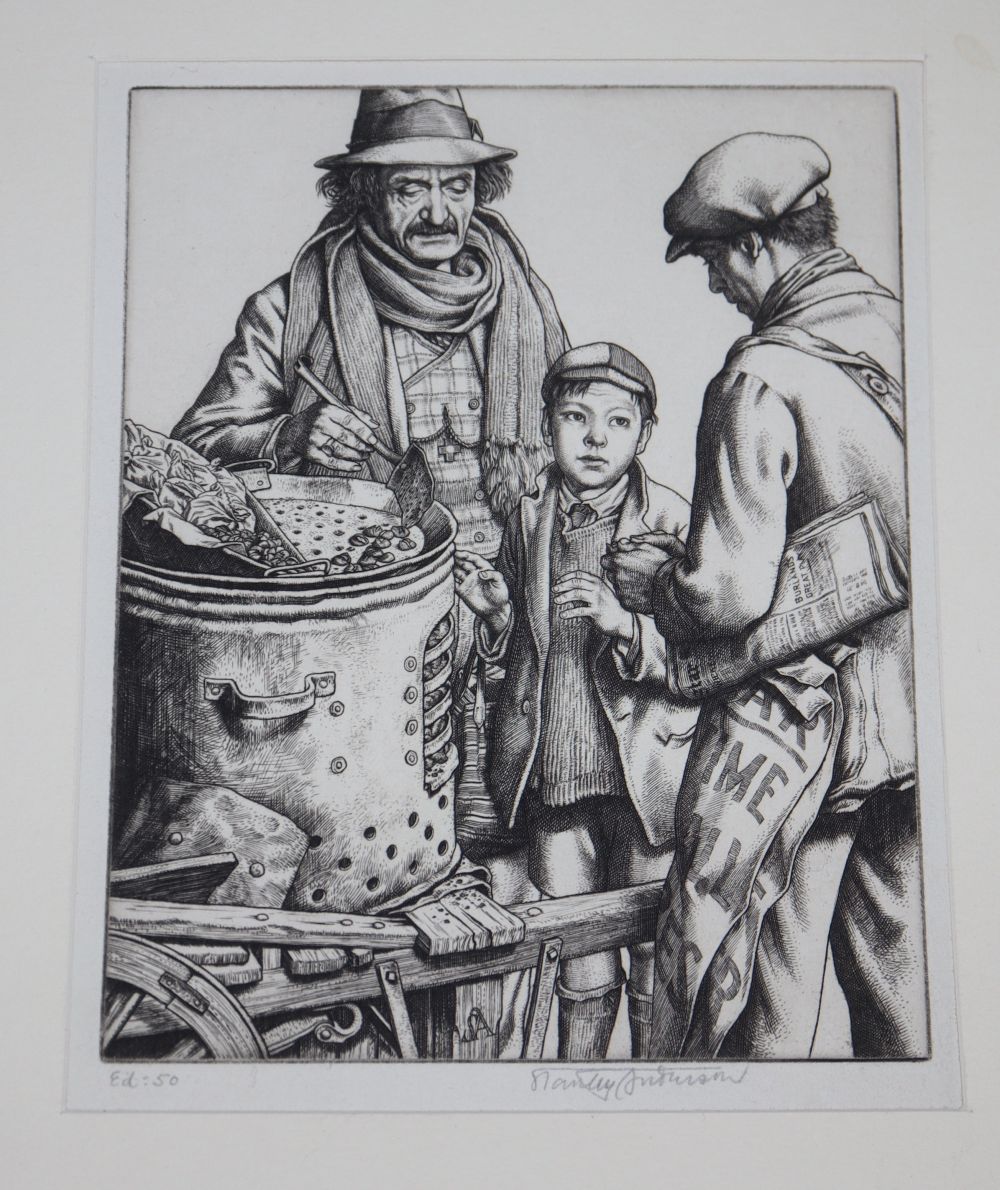 Stanley Anderson (1884-1966), line engraving, Hot chestnuts, signed and inscribed Ed 50, 17 x 13cm, unframed